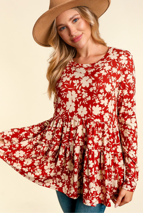 Floral Long Sleeve Babydoll Tiered Knit Top