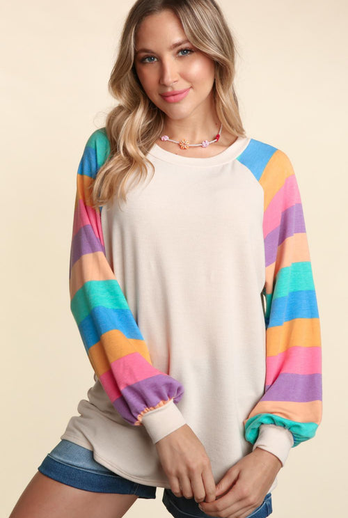 Rainbow Stripe Bubble Long Sleeve Knit Top