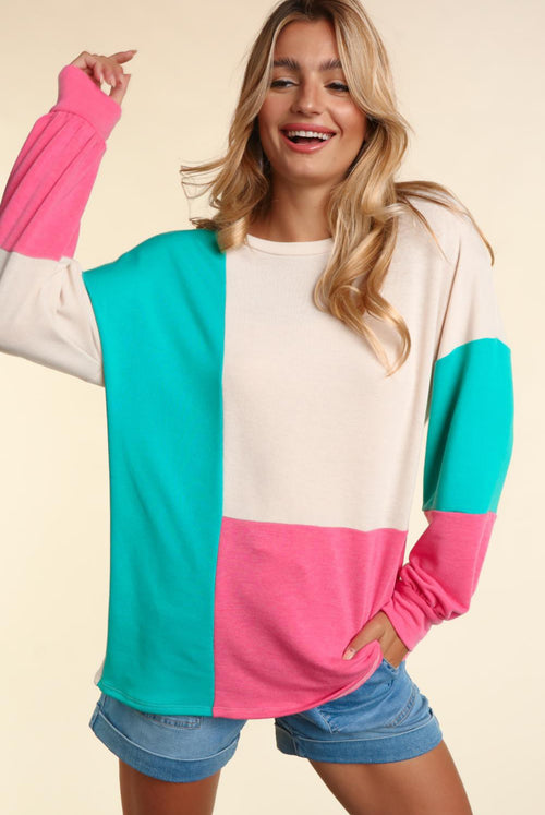 Drop Shoulder Oversized Color Block Knit Top