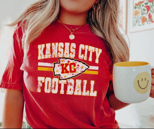 Distressed Kansas City Football Red Tee