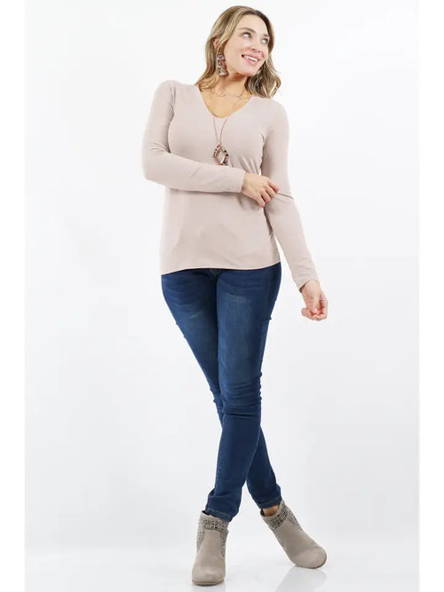 Brushed Microfiber Long Sleeve V Neck Tee